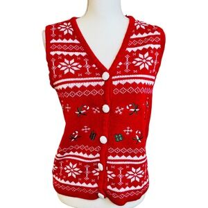 LAURA SCOTT‎ Christmas Candy Cane Sweater Vest M Red Holiday Snowflakes Gifts
